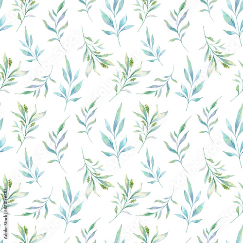 Seamless watercolor floral pattern with eucalyptus greenery  leaves  branches. Eucalyptus background for wallpapers  postcards  greeting cards  wedding invites  textile  events. Floral Watercolor