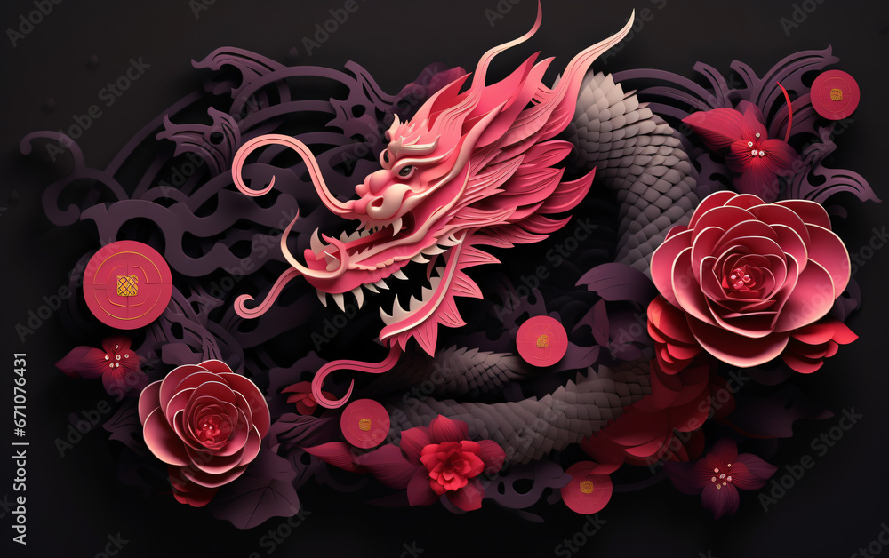 New Year banner, poster, banner, Chinese New Year 2024, Year of the Dragon. Dragon, with red, purple paper cut and craft style on black color background. Vector illustration - obrazy, fototapety, plakaty 
