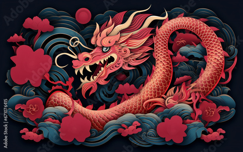 New Year banner, poster, banner, Chinese New Year 2024, Year of the Dragon. Dragon, with red, purple paper cut and craft style on black color background. Vector illustration