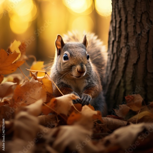 Cute Close up of a Squirrel on the ground while there s the Sunset. Autumnal Season during a Warm Day. Golden Hour. Natural Park during Fall Season. Huge amount of Leafs.
