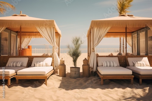 Beach Side Luxurious Sunbeds and Cabanas Overlooking the Horizon in a Sunny and Hot day of Summer.