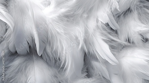  white feathers are arranged in a pattern on a gray background. generative ai © Nadia