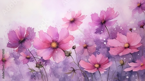 a painting of pink flowers on a purple background with bubbles.  generative ai