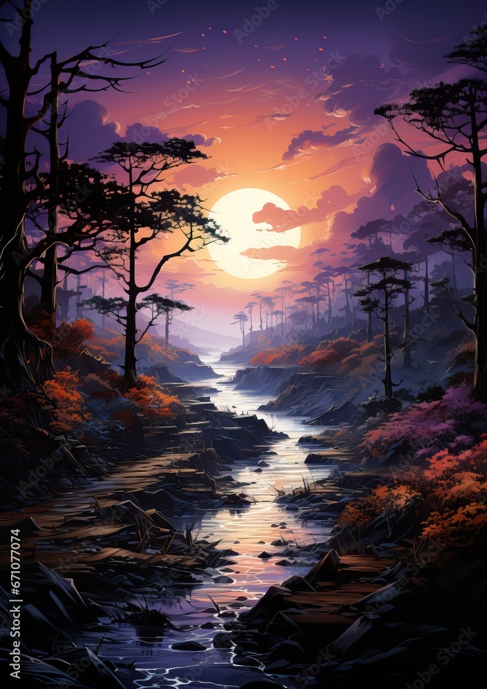 A Portrait of a Forest next to a little River Dark forest while the Sun is setting. An Orange and Pink Sky Covered by Clouds. A Portrait of a Forest next to a little River Dark forest while the Sun is setting. An Orange and Pink Sky Covered by Clouds.