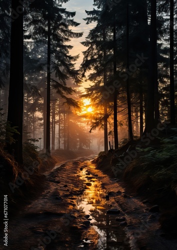 A Portrait of a Forest next to a little River Dark forest while the Sun is setting. An Orange and Pink Sky Covered by Clouds.