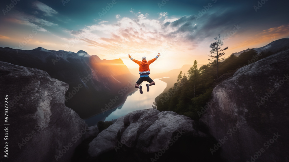 Man in orange jacket jumping up in the air with open arms in front of majestic mountain sunset