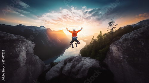 Man in orange jacket jumping up in the air with open arms in front of majestic mountain sunset