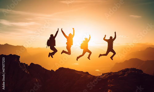 four people in silhouette jumping up in the air in sign of success and achievement