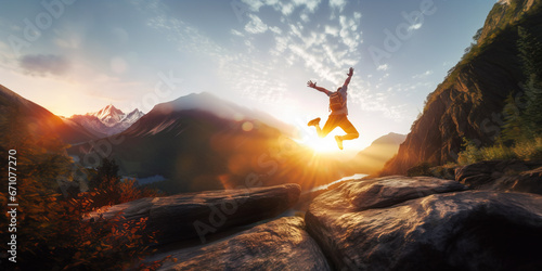 Silhouette of man with open arms jumping up in the air in front of majestic mountain landscape