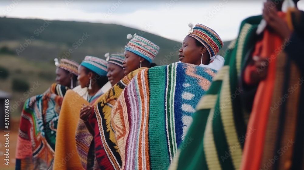 African women Bantu nation Basotho tribe in modern handmade traditional