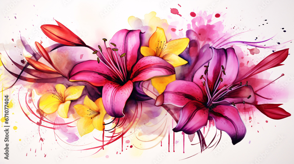Magenta And Yallow Flowers Elegance Realistic Watercolor with Ink and Pencil Accents.