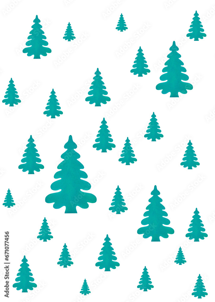 Seamless Pattern of Wooden Christmas Trees Isolated on a White Background. Happy New Year and Merry Christmas.