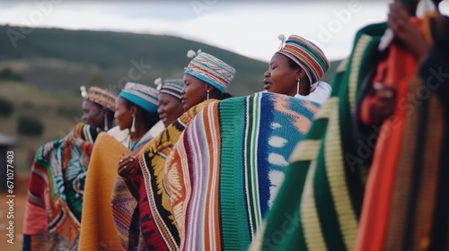 African women Bantu nation Basotho tribe in modern handmade traditional colorful blankets are dancing in the village. Tribal ritual before the Lesotho King birthday .  photo
