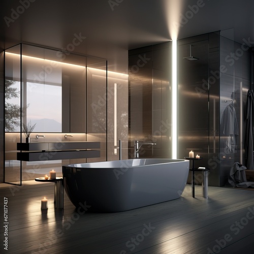 The Interior of a Modern and Surreal Bathroom. Luxurious and Spacious Blue Colored Bathroom.