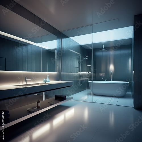 The Interior of a Modern and Surreal Bathroom. Luxurious and Spacious Blue Colored Bathroom.