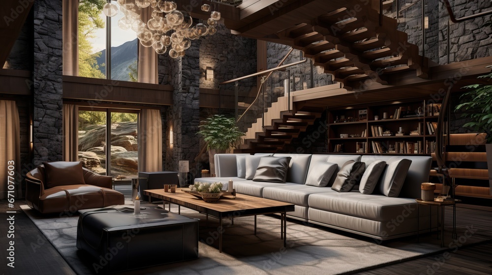 A Luxurious Wooden Living Room With a Massive Staircase. Interior of an Expensive Mansion.