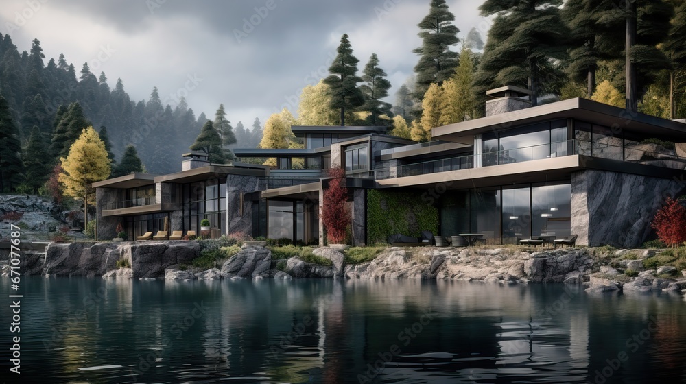 Fototapeta premium Huge Modern House Located Among the Trees inside a Green Forest. Luxury House in front of a Lake.