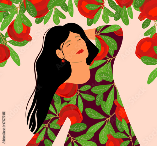 Beautiful girl in a dress with pomegranate pattern print and pomegranate tree background. Vector  EPS illustration.
