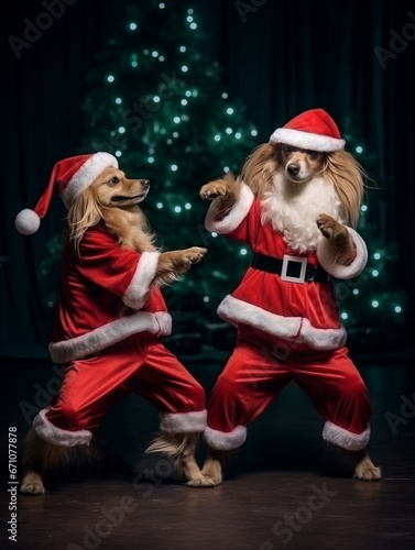 Dogs in Santa Claus costumes dance a retro dance Bugel Vugel on the dance floor. Funny and cheerful dance christmas concept.