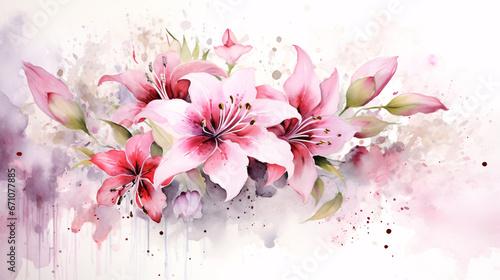 Pink And White Flowers Elegance Realistic Watercolor with Ink and Pencil Accents.
