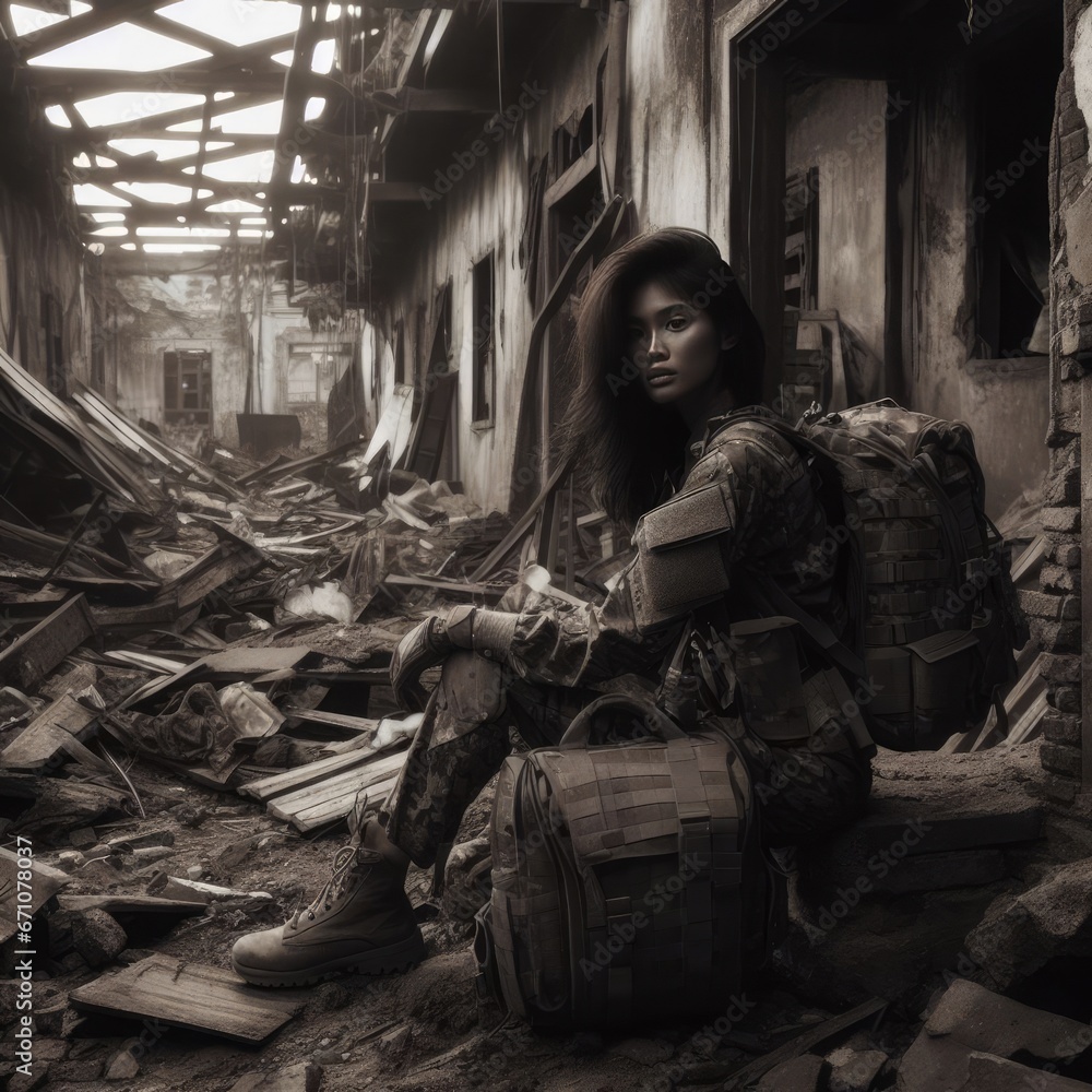 soldier,soldier's clothing,helmet,armor,bag in the middle of a destroyed building war background