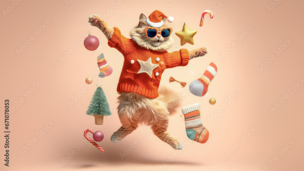 Funny cat in sweater and sunglasses jumping with christmas decoration.