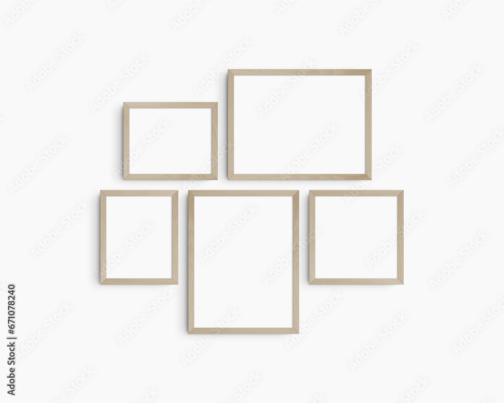 Gallery wall mockup set, 5 birch wooden frames. Modern frame mockup. Horizontal, vertical, square frames, 12x16 (3:4), 16x12 (4:3), 8x10 (4:5), 10x8 (5:4), 10x10 (1:1) inches. White wall.