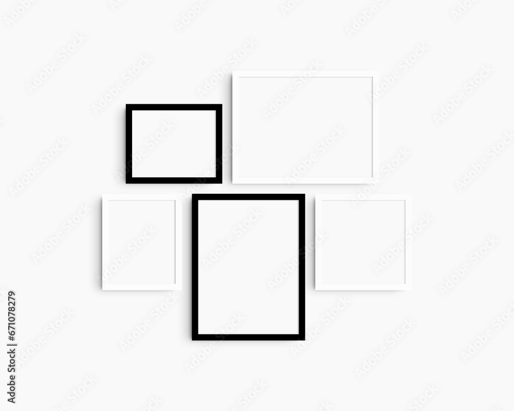 Gallery wall mockup set, 5 black and white frames. Modern frame mockup. Horizontal, vertical, square frames, 12x16 (3:4), 16x12 (4:3), 8x10 (4:5), 10x8 (5:4), 10x10 (1:1) inches. White wall. Gallery wall mockup set, 5 black and white frames. Modern frame mockup. Horizontal, vertical, square frames, 12x16 (3:4), 16x12 (4:3), 8x10 (4:5), 10x8 (5:4), 10x10 (1:1) inches. White wall.