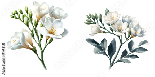 White Freesia flower in watercolor, transparent background  