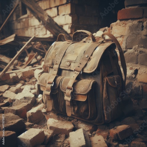 soldier,soldier's clothing,helmet,armor,bag in the middle of a destroyed building war background