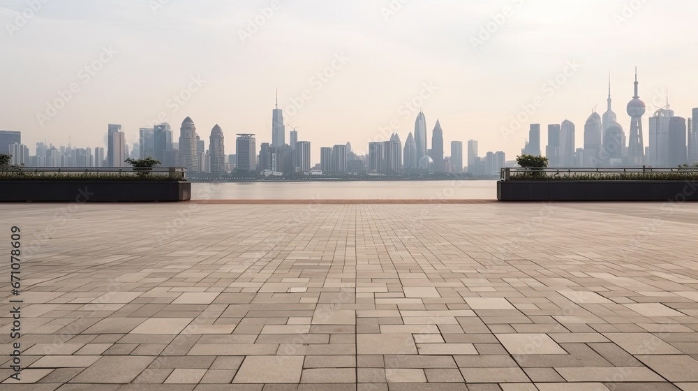 Empty square floor and bridge with modern city skyline in Shanghai, China. 