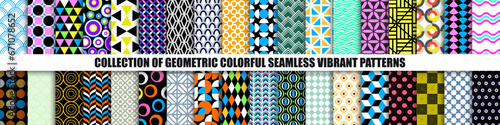 Collection of bright vector seamless colorful patterns - vintage design. Trendy retro funky backgrounds, fashion modern style. Simple unusual creative vibrant prints