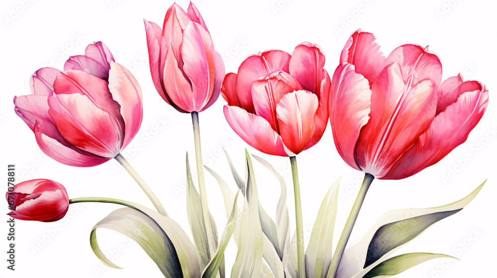 Red And Pink Tulip Elegance Realistic Watercolor with Ink and Pencil Accents.