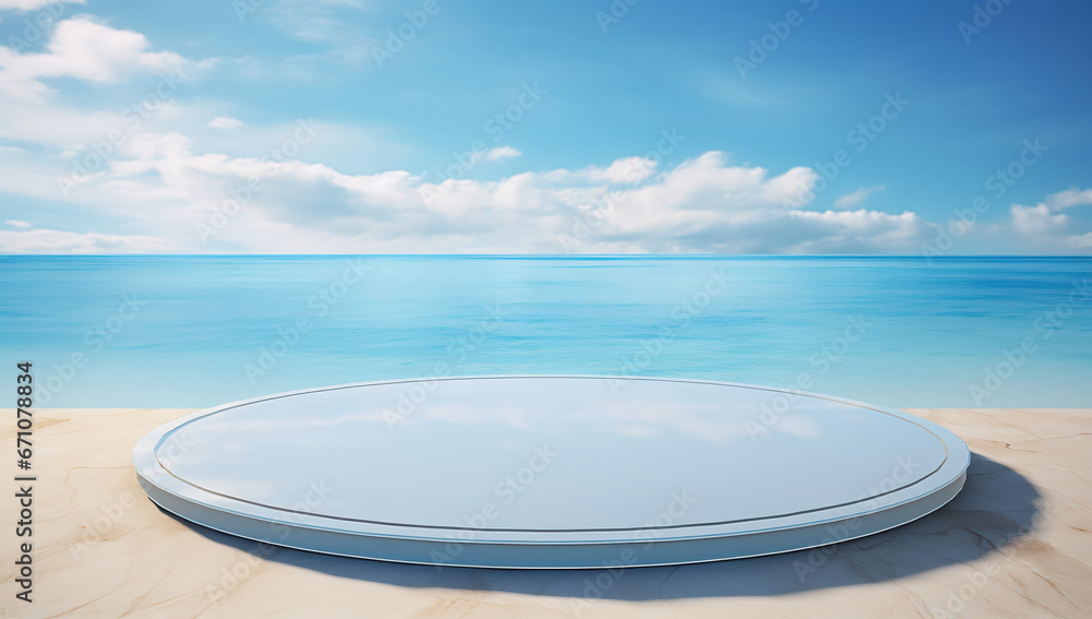 青い海と大理石のテーブルの上に置かれた円台