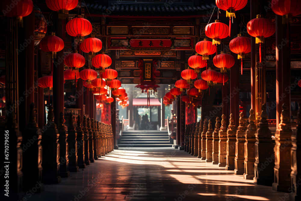 Long corridor with red lanterns in Chinese temple, Dongzhi celebrates the winter solstice festival in china, Chinese new year and ancestor worship - obrazy, fototapety, plakaty 