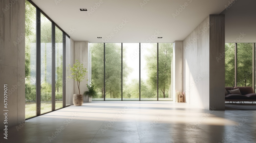 Fototapeta premium Modern contemporary empty hall with nature view 3d render overlooking the living room behind the room has concrete floors, plank ceilings and blank white walls for copy space, sunlight enter the room.