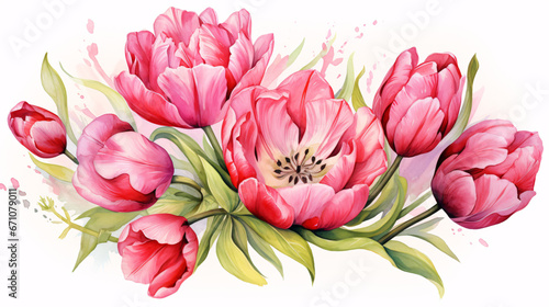 Red And Pink Tulip Elegance Realistic Watercolor with Ink and Pencil Accents. © Akash