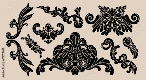 Set of various fancy Ornaments. Vintage, retro style. Beautiful black decorative frame parts. Hand drawn modern Vector illustration. Isolated design elements for invitations, frames, menu, monogram