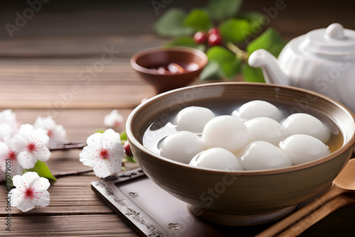 Tangyuan, A traditional Chinese dessert, Glutinous rice balls served in a hot broth or syrup in a bowl Sweet food of Lantern festival, Dongzhi (winter solstice) festival and Chinese new year
 photo