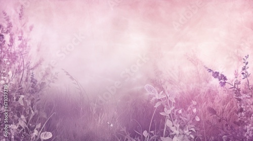  a field with tall grass and flowers in the foggy day.  generative ai © Nadia