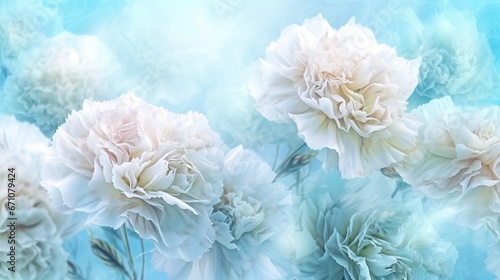  a bunch of white flowers on a blue background with a blurry background.  generative ai