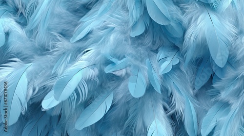  blue feathers are arranged in a pattern on a blue background. generative ai