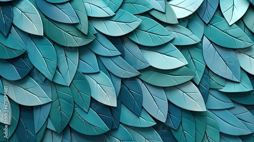  a close up of a blue and green wall with leaves. generative ai