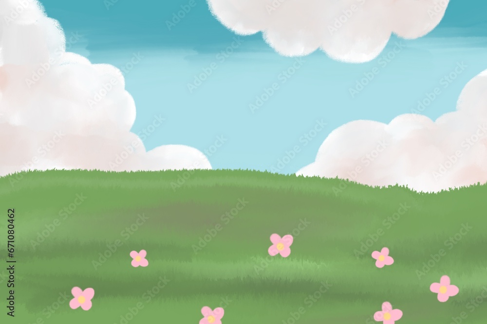cute oil acrylic paint pink flower field with sky, landscape background 
