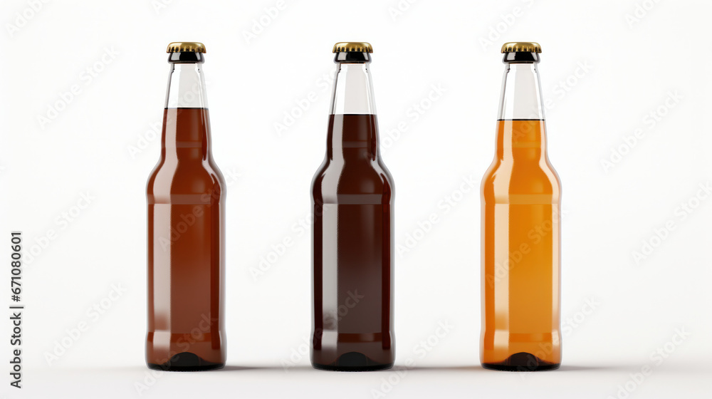 Triple Beer Bottle Mockup: Three Bottles with Blank White Labels on a Pristine White Background. Triple Beer Bottle Mockup: Three Bottles with Blank White Labels on a Pristine White Background.