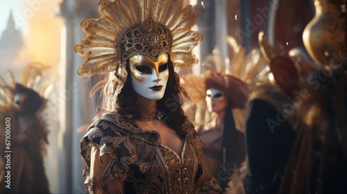 Venetian Elegance: A Captivating Scene from the Masquerade Ball at Venice Carnival, Adorned with Ornate Masks and Costumes.