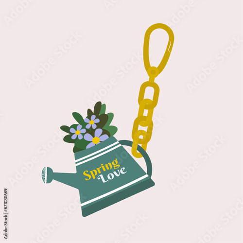  Flat Design Spring Love Illustration with Key Chain and Watering Can , Flowers