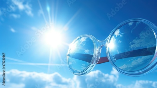  a pair of sunglasses with the reflection of the sky in them. generative ai