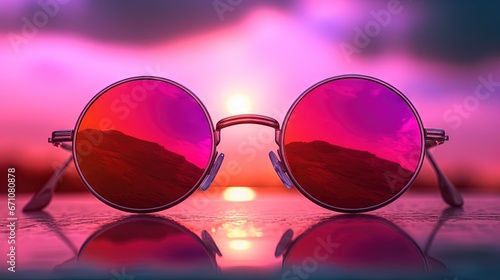  a pair of sunglasses with the sun setting in the background.  generative ai © Nadia