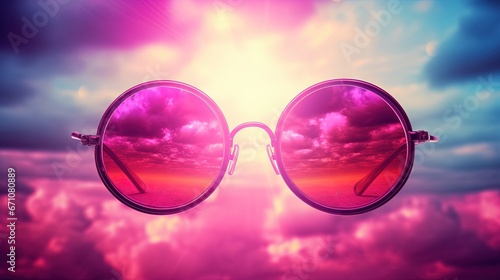  a pair of sunglasses with a sky and clouds in the background. generative ai